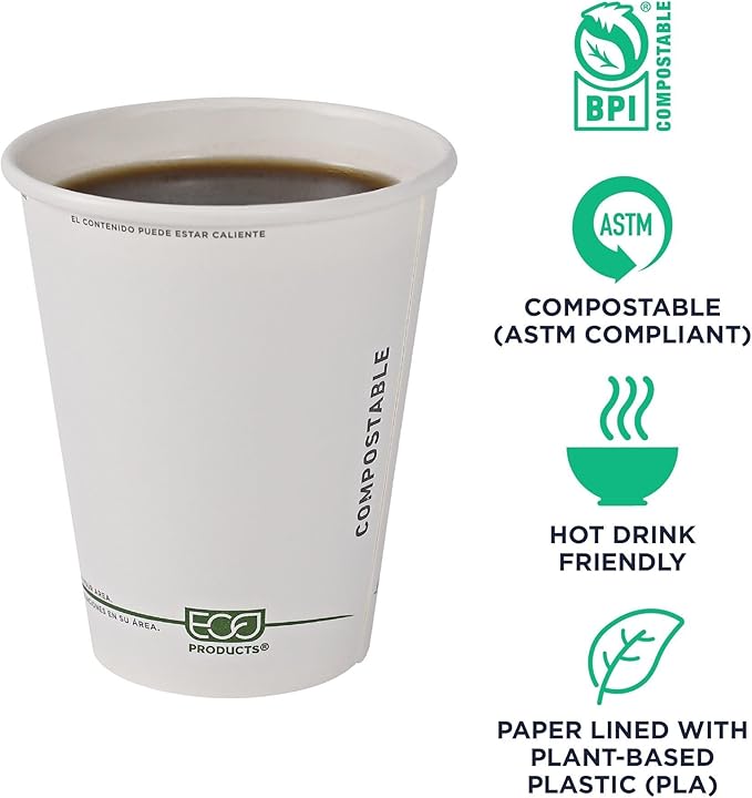 ECO PRODUCTS Compostable Disposable GreenStripe 8oz Coffee Cups, Case of 50, White Single Wall Hot Paper Cup, Plant Based PLA Lining, Biodegradable