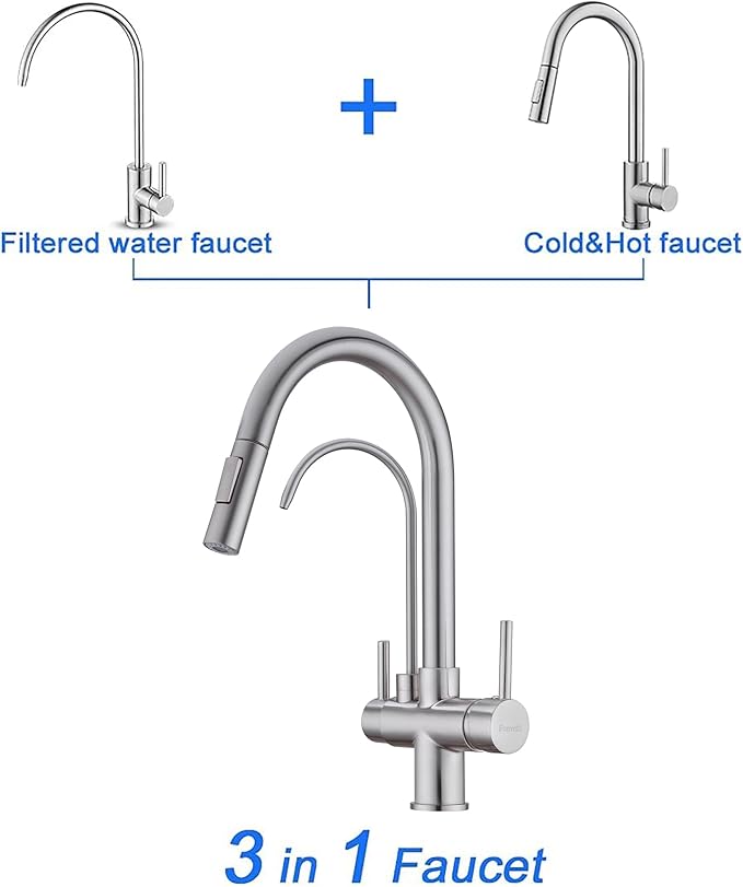 TUTEW Kitchen Faucet with Pull Down Sprayer, Kitchen Sink Faucet with Drinking Water Faucet,2 Handle 3 in 1 Water Filter Purifier Faucets,Brushed Nickel