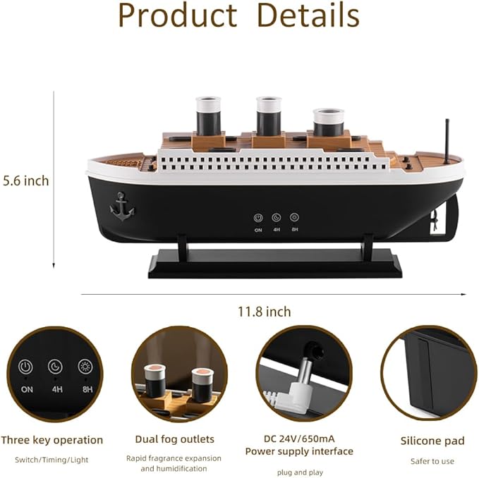 Essential Oil Diffuser, 250ml Ship Modelling Aromatherapy Ship Oil Diffuser Cool Mist Humidifier with Remote 2 Spray Mode Auto Shut-Off for Home Office(Black)