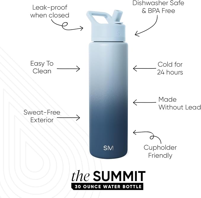 Simple Modern Water Bottle with Straw Lid | Vacuum Insulated Stainless Steel Metal Thermos | Reusable Leak Proof BPA-Free Flask for Sports Gym | Summit Collection | 30oz, Stormy Skies