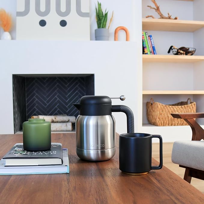 Aura Thermal Coffee Carafe Tea Pot for Keeping Hot & Iced Cold - Vacuum Insulated - Thermos Water Pitcher - Beverage Dispenser - Leakproof Cool touch handle - BPA Free - 1 Liter - Stainess