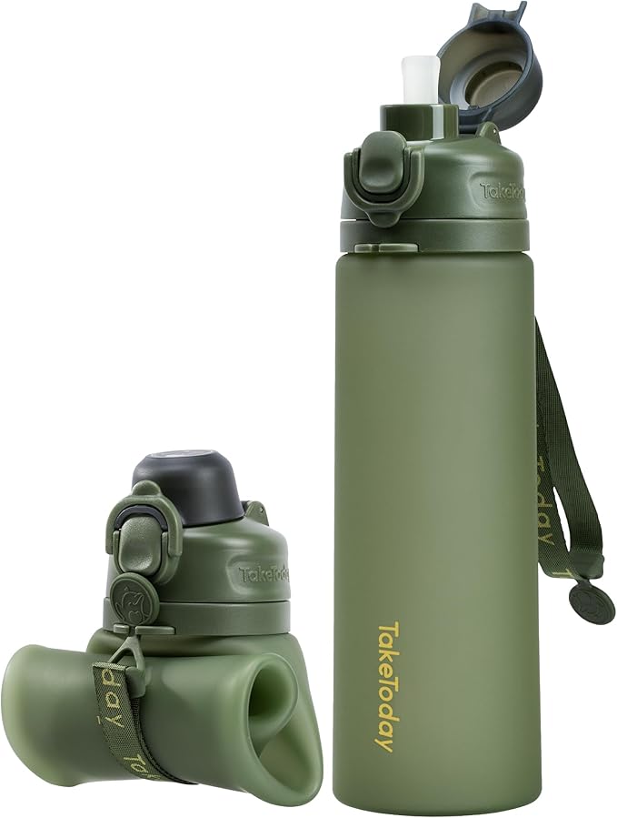 TakeToday Collapsible Water Bottles 20oz (600mL), Foldable Platinum Silicone Travel Water Bottle with Straw & Carry Strap, Leak-Resistant Screw Lid, Wide Mouth, BPA-Free for Hiking, Camping, Travel
