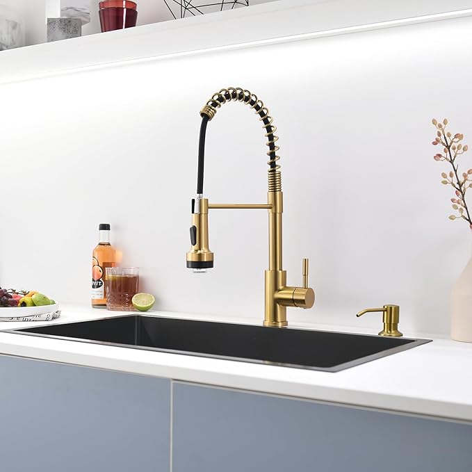 GIMILI Gold Kitchen Faucet with Soap Dispenser Single Hole Pull Down Sprayer LED Faucet, Suitable for Farmhouses, RV, Laundry Room, Outdoor, and Campers. Llave para fregadero de cocina