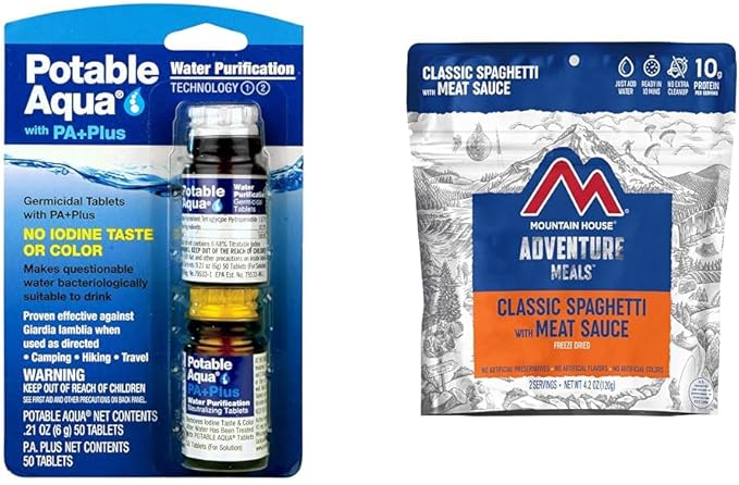 Potable Aqua Water Purification Tablets with Mountain House Classic Spaghetti with Meat Sauce Freeze Dried Backpacking Food 2 Servings