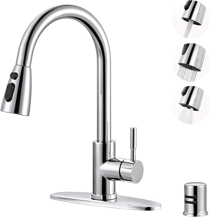 Kitchen Faucet with Air Gap: WOWOW Stainless Steel Kitchen Sink Faucet and Dishwasher Air Gap Kits for Kitchen Sink 2 or 4 Hole, Polished Chrome Kitchen Faucet Combo with Sprayer