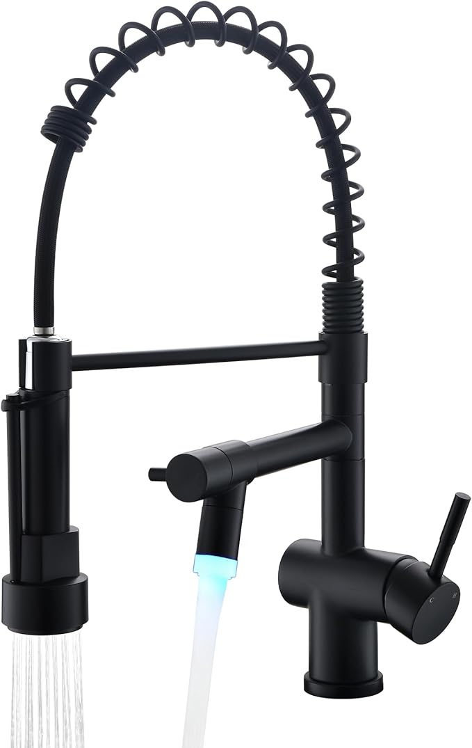 VFAUOSIT Kitchen Faucets with LED Light, Commerical Black Kitchen Faucet with Pull Down Sprayer, Stainless Steel High-arc Kitchen Sink Faucet wiht Single Handle for Modern RV Camper Laundry Bar Sink