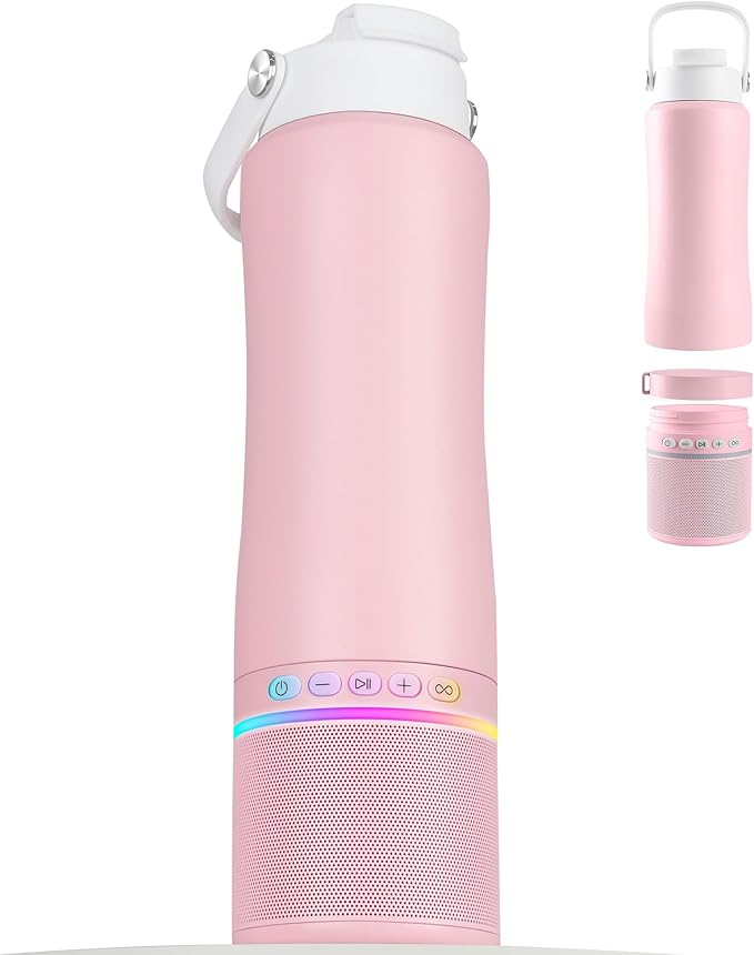 Water Bottle with Portable Bluetooth Speaker - Modular Insulated Water Bottles w/Handle, BT5.3, TWS Pairing Speaker and Stainless Steel Cups for Camping Sports Beach (Pink)