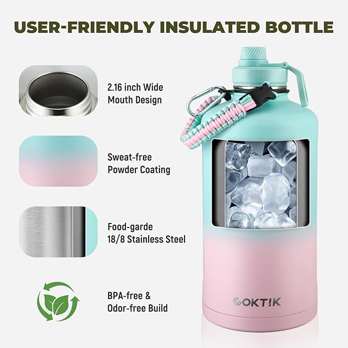 COKTIK 128oz Insulated Water Bottle - Stainless Steel Vacuum Metal, Portable 1 Gallon Large-Capacity Sports Bottle with Straw, Carry Bag and Handle Strap, Ideal for Gym & Hiking(Bubble Gum)