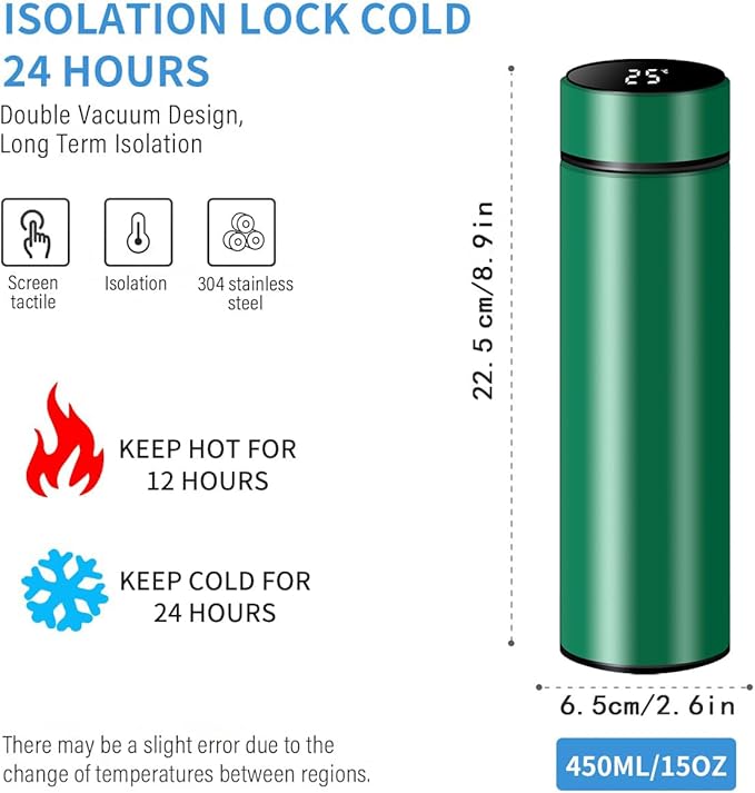 Smart Water Bottle Stainless Steel Vacuum Flask,Travel Mug with Smart LCD Touch Screen, Keep Hot Or Cold, Car Portable Travel Tea Coffee Vacuum Thermo Cup,Insulated Water Bottle (Green)