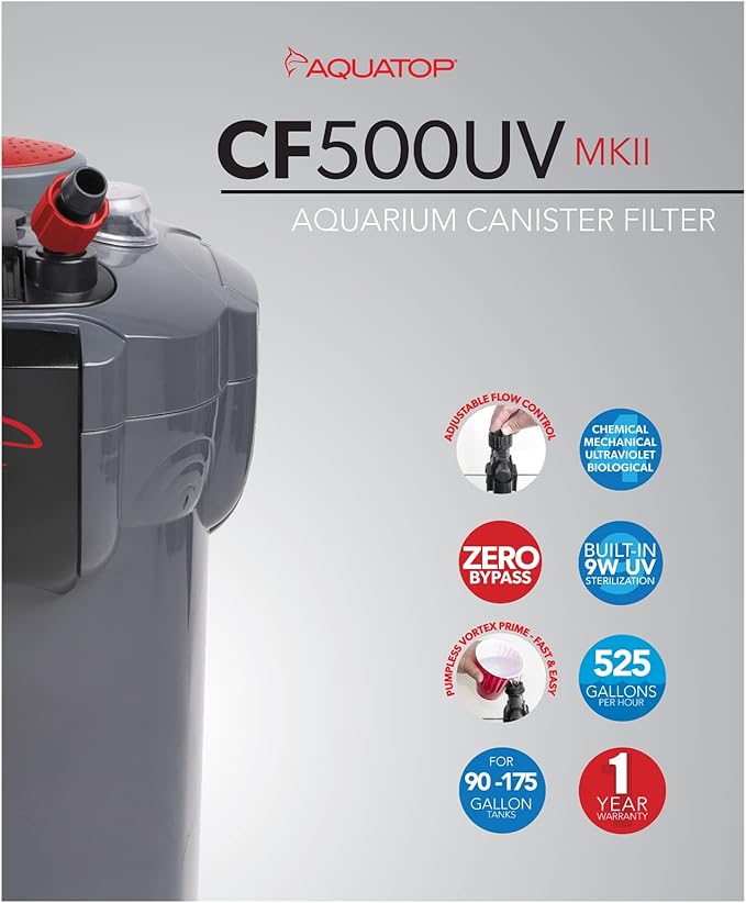 Aquatop 5-Stage Canister Filter with Vortex Prime, 9W UV, 525GPH Flow Rate, 55W Power, Up to 175 Gal – Including All Filtration Media, Great for Salt & Freshwater Tanks, UV for Crystal Clear Water