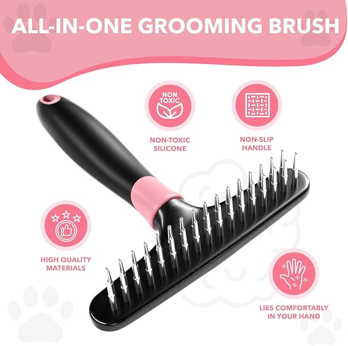 Dog rake deshedding dematting Brush Comb - Undercoat rake for Dogs, Cats, matted, Short,Long Hair Coats - Brush for Shedding, Double Row Stainless Steel pins - Reduce Shedding by 90% (Pink) - AquaVibe