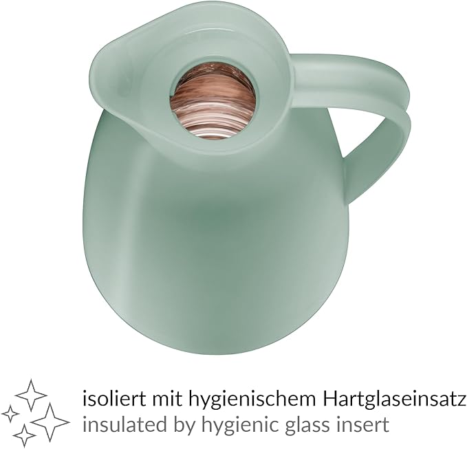 alfi Eco 1.0 L, mint green, insulated jug with hygienic tempered glass insert made of plastic, screw cap with comfortable push button, pouring with one hand, ideal as a coffee pot, teapot, BPA-free