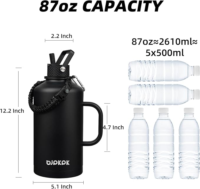 BJPKPK 2/3 Gallon Water Bottle Insulated with Straw Lid, 87oz Large, Stainless Steel Water Bottles with 3 Lids and Paracord Strap, Double Wall Vacuum Metal Water Jug,Black