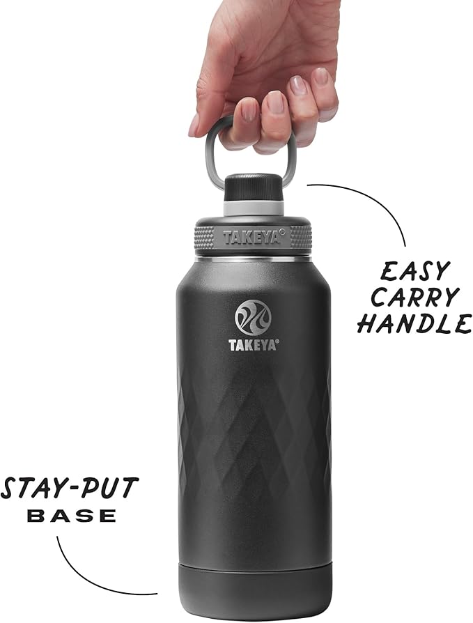 Takeya Sport 32 oz Triple-Insulated Stainless Steel Water Bottle, Spout Lid – Leakproof, Sweatproof, BPA-Free, Keeps Drinks Cold 36 Hrs, Hot 14 Hrs – Obsidian