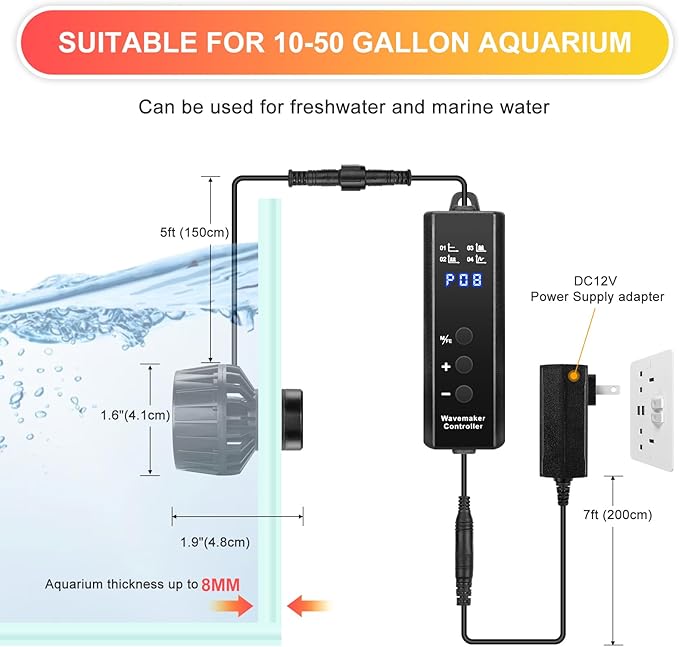 1050GPH Aquarium Wave Maker with Controller Mini DC12V 6W Powerhead with Magnetic Mounting, Nano Wavemaker for 10 to 50 Gallon thickness up to 8mm(1/4") Tank, - AquaVibe