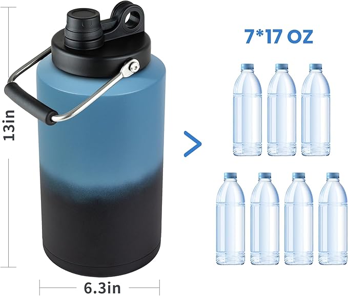 1 Gallon Water Bottle Insulated Stainless Steel Keeps Ice 48Hr, Large Water Gallon Jug Wide Mouth Leakproof Vacuum for Gym, Camping, & Construction Gradient Blue