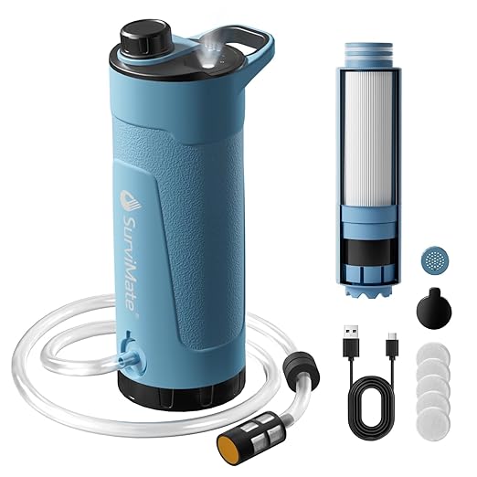 SurviMate Electric Water Purifier Survival,Portable Water Filter Bottle for Survival,0.01μm 22 Ounces with Emergency Lighting, NSF/ANSI 42&372 Certified,Bottle with Filter for Hiking, Camping, Travel