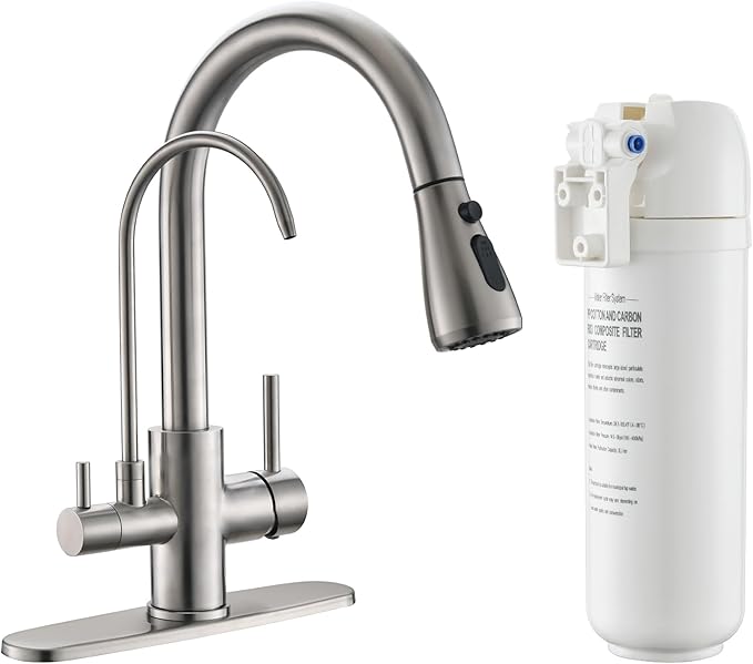 CENOSA 3 in 1 Bruched Nickel Kitchen Faucet with Sprayer Two Handle Kitchen Sink Faucet with Under Sink Water Filter System Reduces PFAS, PFOA/PFOS, Lead, Chlorine, Bad Taste & Odor
