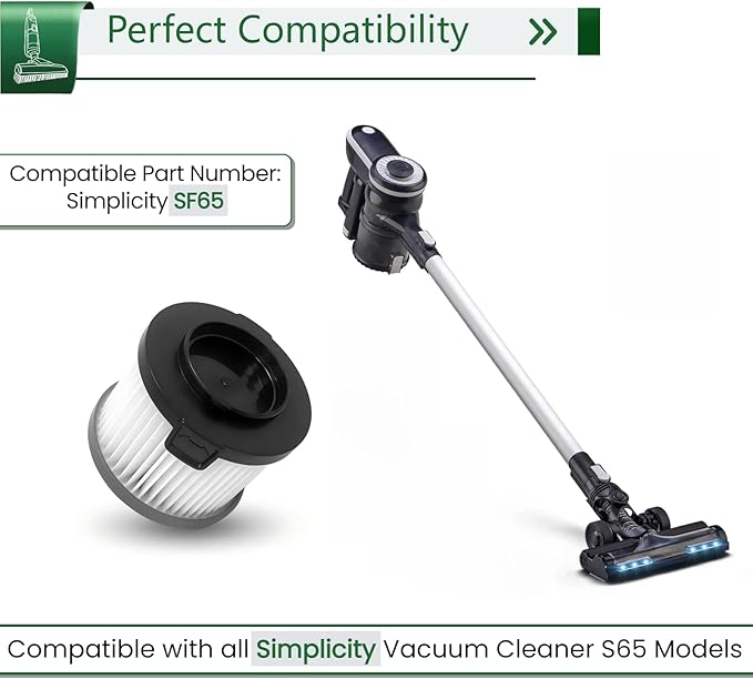 2 Count SF65 Replacement HEPA Filters - Compatible with Simplicity S65/S65S/S65D/S65P Cordless Stick & Handheld Vacuum Cleaners - AquaVibe