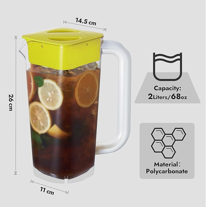CURTA 1 Pack 2 Liters/68 oz Plastic Square Pitcher with Lid & Handle for Kitchen,ICED JUICE and Coffee Carafe Beverage Serveware, Acrylic Water Jug for Hot/Cold Drinks&lemonade