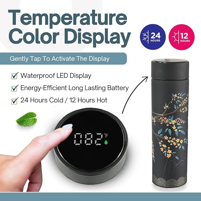 Farasi Tea Infuser for Loose Leaf Tea Smart Water Bottle with Fahrenheit Temperature Display, Stainless Steel Insulated Coffee and Fruit Tea Infuser Bottle - Floral Travel Tea Mugs 15 oz (Black)