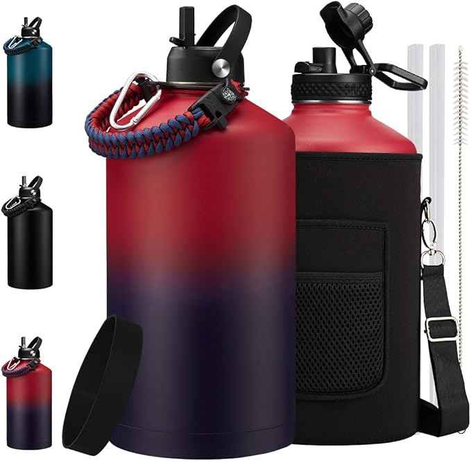 1 Gallon Water Bottle, 128 oz Insulated Water Bottle with Straw & Spout Lids, Carrier Bag with Strap, Stainless Steel Flask (Cold for 48Hrs) Large Metal Jug for Hiking Travel Camping