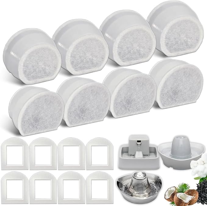 8+8 Pack Cat Water Fountain Replacement Carbon Filter Compatible with PetSafe Drinkwell Ceramic & Stainless Steel Pet Fountains for Cat Dog Water Dispensers with Replacement Foam Filters