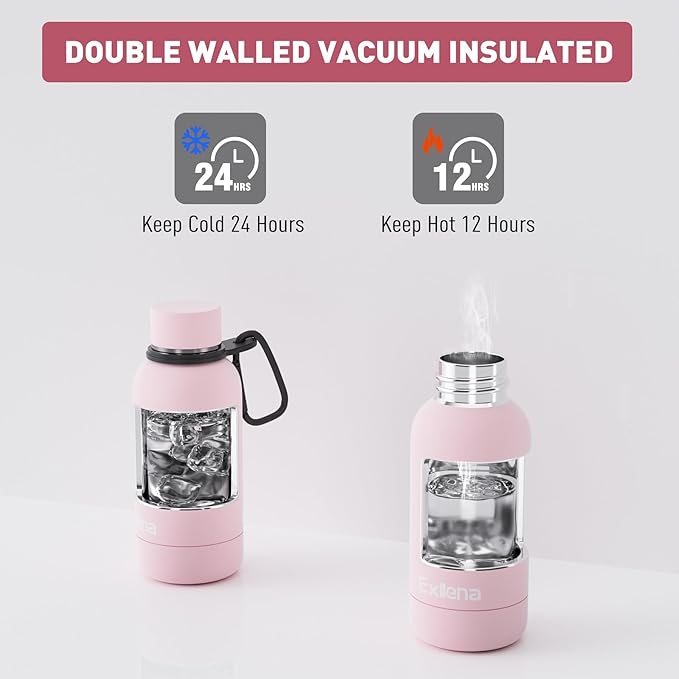 Exllena Small Water Bottle 12oz with Clip, Double Wall Stainless Steel Vacuum Small Insulated Water Bottle Keeps Drinks Cold 24 Hrs/Hot 12 Hrs for Kids Handbag School BPA Free (Pink)