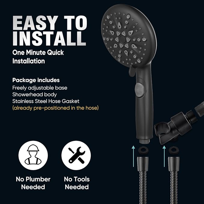 Cobbe High Pressure Shower Head with Built-in Pause Button, 9-Function Detachable Showerhead with Handheld Brass Swivel Bracket & Stainless Steel Hose, Water Saving 1-Click Stop, Black