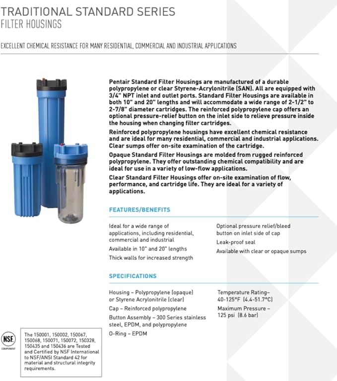 Pentair Pentek 150068 Traditional Standard Filter Housing, 3/4" NPT #10 Opaque Water Filter Housing with Mounting Bracket Cap, 10-Inch, Black/Blue