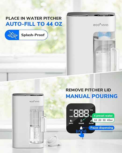 Ecoviva Mate 3 Countertop Reverse Osmosis Water Filter, 8-Stage RO Water Filtration System with 44oz Water Pitcher Smart Auto-Filling, 3:1 Pure to Drain, Tabletop Purifier, White