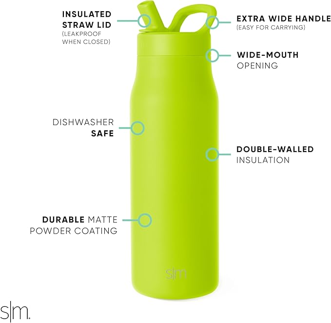 Simple Modern Water Bottle with Straw lid | Insulated Stainless Steel Thermos | Reusable Travel Water Bottles for Gym & Sports | Leak Proof & BPA Free | 34oz, Green Apple