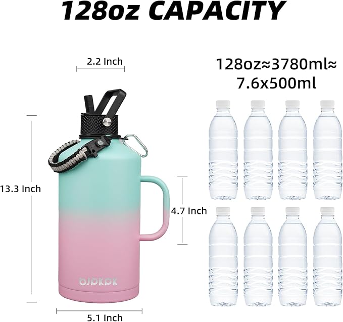BJPKPK 1 Gallon Water Bottle Insulated with Straw Lid, 128oz Large, Stainless Steel Water Bottles with 3 Lids and Paracord Strap, Double Wall Vacuum Metal Water Jug,Marshmallow