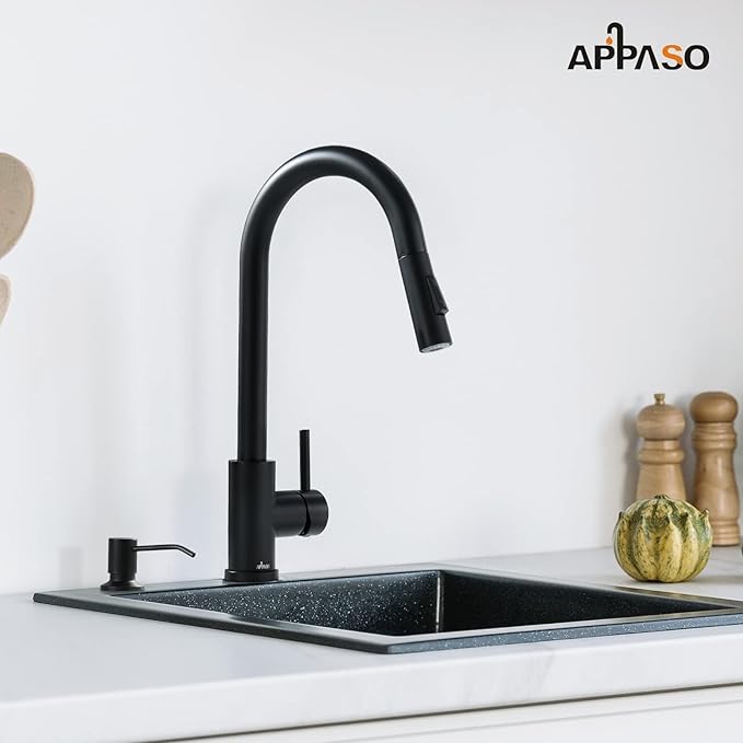 APPASO Black Kitchen Faucet with Soap Dispenser, Matte Black Kitchen Faucet with Pull Down Sprayer, 2-Mode Kitchen Sink Faucets, Modern Kitchen Faucet for RV/Bar Sink, Solid Stainless Steel