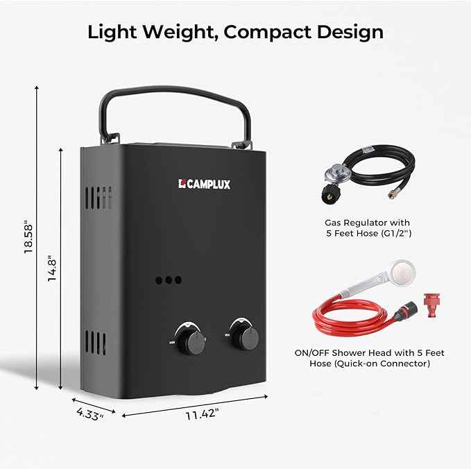 CAMPLUX 1.32 GPM Portable Water Heater, 5L Tankless Water Heater Propane Outdoor, AY132B, Black