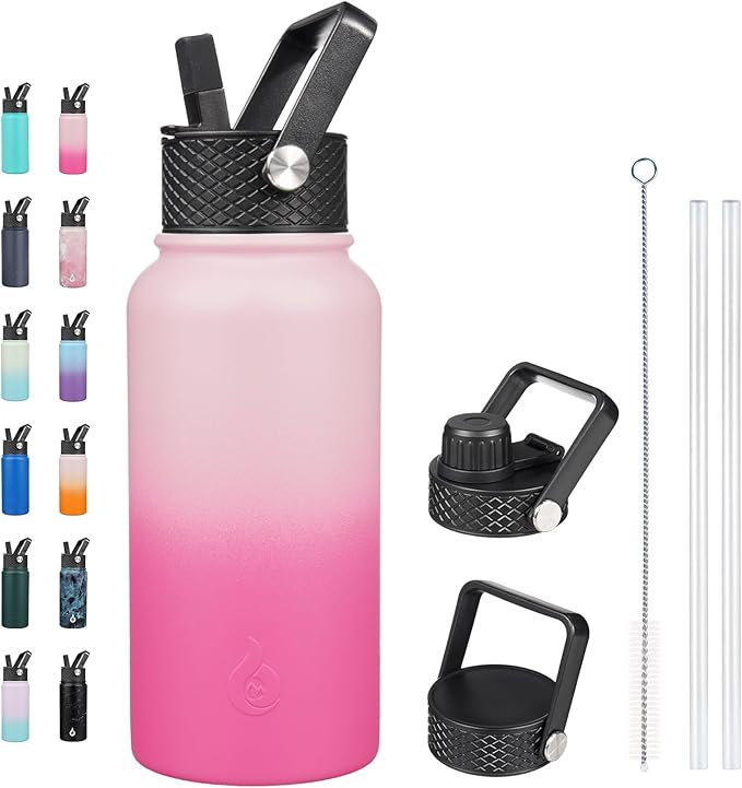 BJPKPK Insulated Water Bottles with Straw Lid, 27oz Stainless Steel Water Bottle with 3 Lids, Leak Proof BPA Free Metal Thermo, Mugs, Tumblers, Keep Cold Hot -Cherry