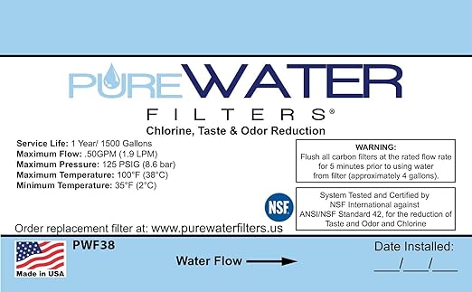 PureWater Filters Under Sink Water Filtration Kit, Made in USA, NSF Certified Chlorine Reduction, Coconut Shell Activated Carbon, Includes 1-Year Filter Cartridge