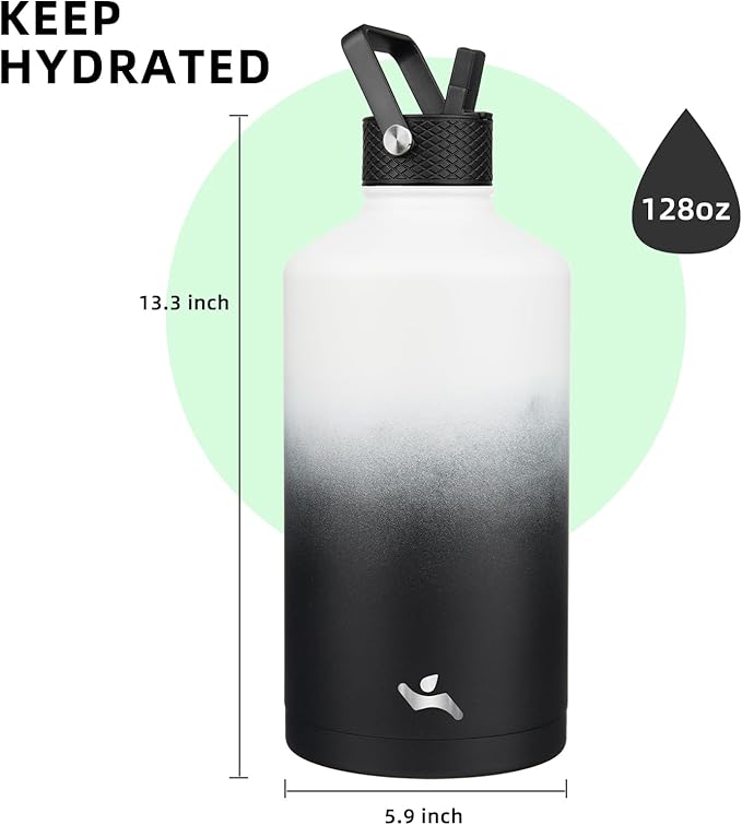Gallon Insulated Water Bottle with Straw,128 oz 3 Lids Water Jug with Carrying Bag,Paracord Handle, Double Wall Vacuum Stainless Steel Metal Flask,Day Night