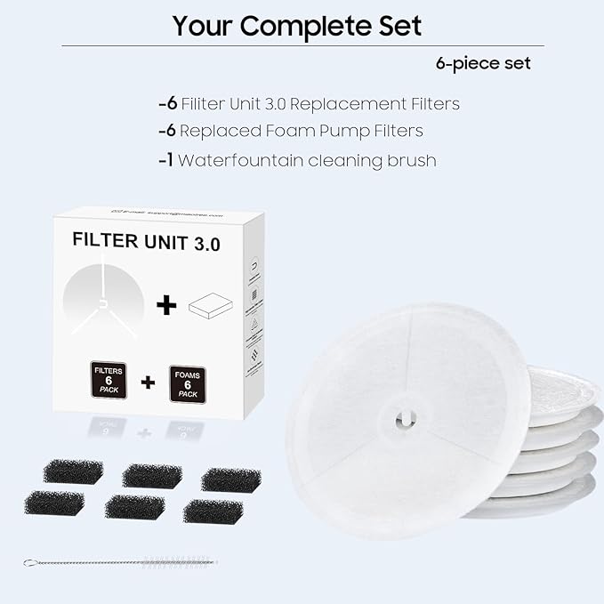 Upgraded Filter Unit 3.0 Pet Cat Water Fountain Filters Fit For E versweet Solo 2/Solo SE, E versweet 3 Pro/2S/3, Including Replacement Filters (6 pcs) and Replaced Foam Pump Filter(6 pcs)