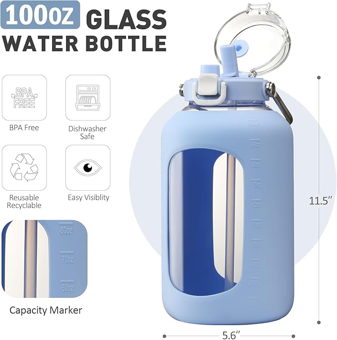 BLUEGO 100 oz Glass Water Bottle with Straw, Huge 3 Liter Water Bottle with Sturdy Handle, Glass Water Jug with Sleeve, Wide Mouth Water Container with Time Marker, Blue