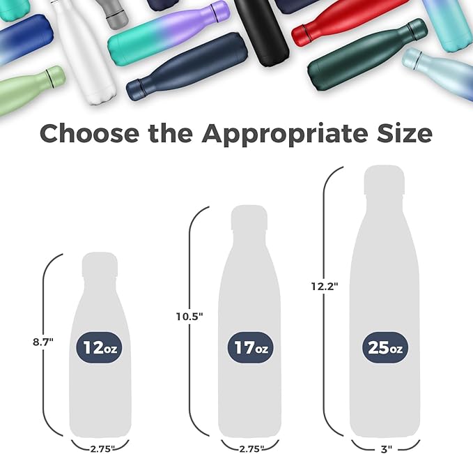 Volhoply 17oz Insulated Stainless Steel Water Bottle, Double Wall Vacuum Flask, Keeps Cold 24h & Hot 12h, Available in Packs of 1, 4, 8, or 12（Nvay,1 Pack）