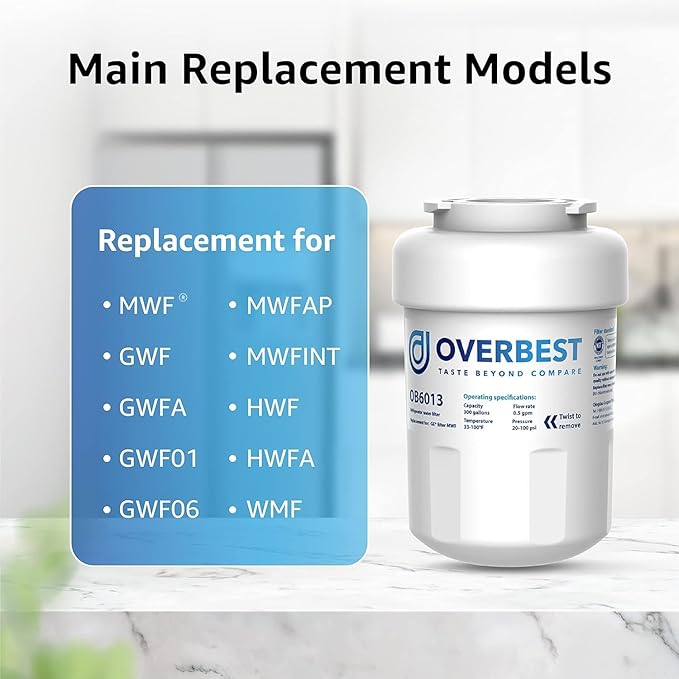 Overbest OB6013 Replacement for GE® MWF®, SmartWater® MWFP, MWFA, GWF, MWFAP, HDX FMG-1, WFC1201, HWF, GSE25GSHECSS, 9991, RWF1060, 197D6321P006 - AquaVibe