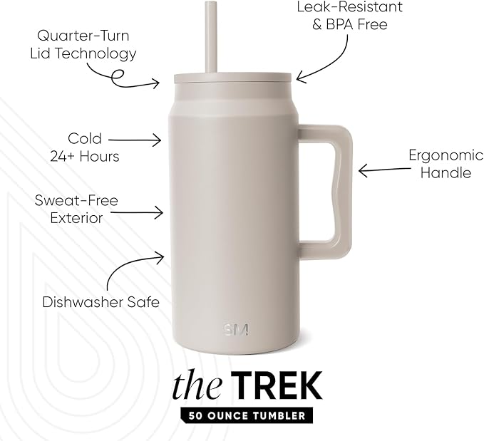 Simple Modern 50 oz Mug Tumbler with Handle and Straw Lid | Reusable Insulated Stainless Steel Large Travel Jug Water Bottle | Gifts for Women Men Him Her | Trek Collection | Almond Birch