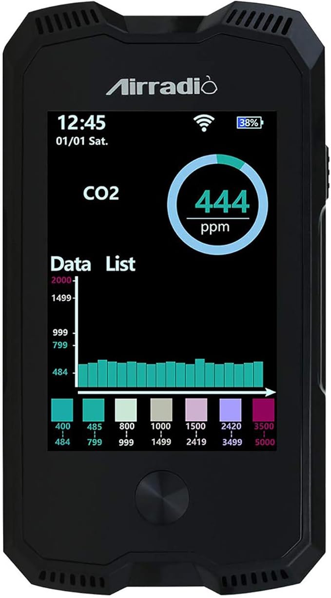 AirRadio Air Quality Monitor Meter A6 Carbon Dioxide Detector Air Quality Pollution Tester for CO2 PM2.5 PM10 Temp Humidity in Indoor Air Quality Meter with Electrochemical Sensor,Black