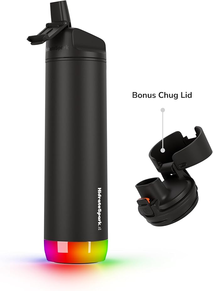 Hidrate Spark PRO Smart Water Bottle - Tracks Water Intake & Glows to Remind You to Stay Hydrated, Chug & Straw lid, 21oz (Black)