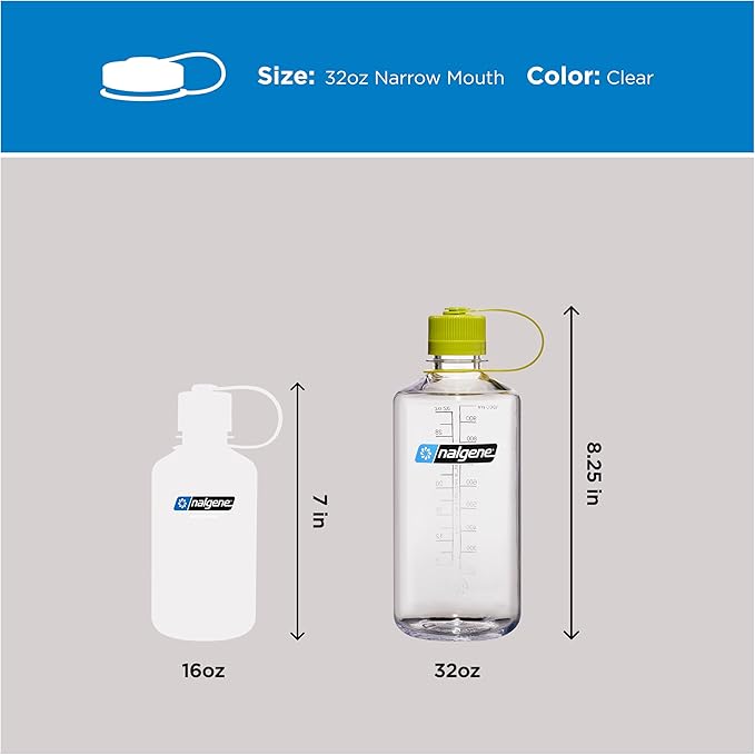 Nalgene 32 oz Narrow Mouth Water Bottle | BPA-Free, Durable & Leak Proof, Lightweight Bottle for Gym, Office & Travel, Clear
