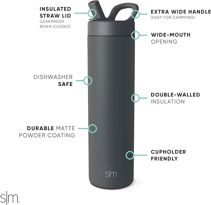 Simple Modern Water Bottle with Straw lid | Insulated Stainless Steel Thermos | Reusable Travel Water Bottles for Gym & Sports | Leak Proof & BPA Free | 24oz, Graphite