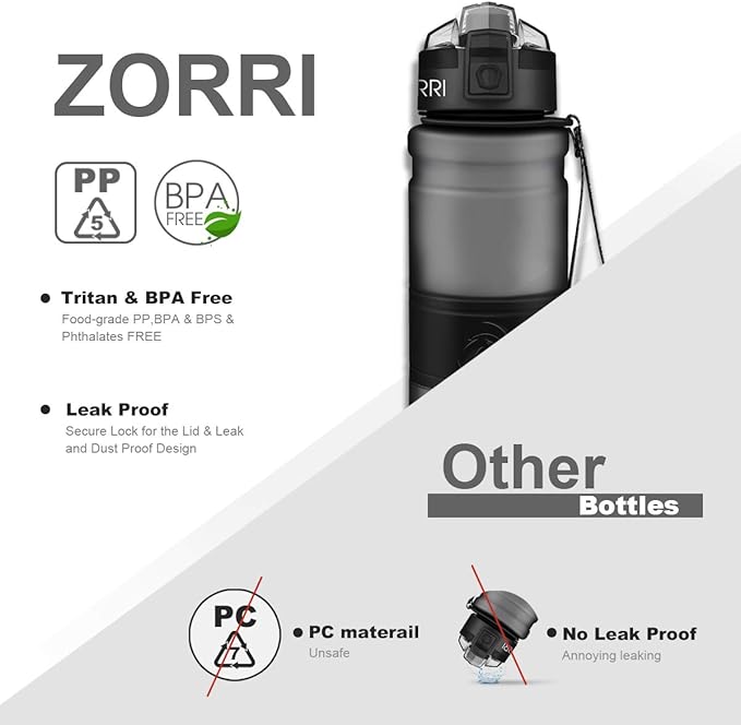 ZORRI Sports Water Bottle, 400/500/700ml/1L, BPA Free Leak Proof Tritan Lightweight Bottles for Outdoors,Camping,Cycling,Fitness,Gym,Yoga- Kids/Adults Drink Bottles with Filter, Lockable Pop Open Lid