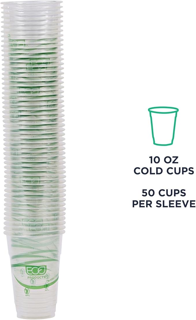ECO PRODUCTS GreenStripe Clear Compostable 10oz PLA Plastic Cups, Case of 1000, Disposable Renewable Plant-Based Cold Cups, For Cold Drinks & Snacks, BPI Certified, ASTM Compliant.