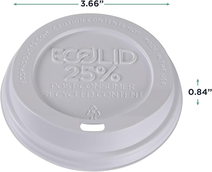 Eco-Products Ecolid Recycled Large Coffee Cup Lids, Case of 1000, White, Fits 10-20oz Hot Cups, Made from 25% Post-Consumer Recycled Plastic Polystyrene, Made in the U.S.A.